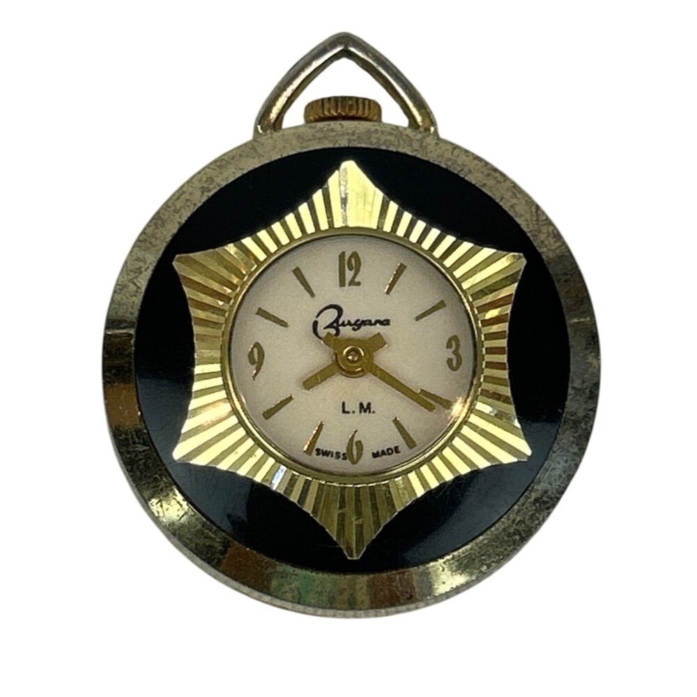 Vintage Burgana Swiss Made Gold Black Pocket Watch With Starburst Mechanical Orn